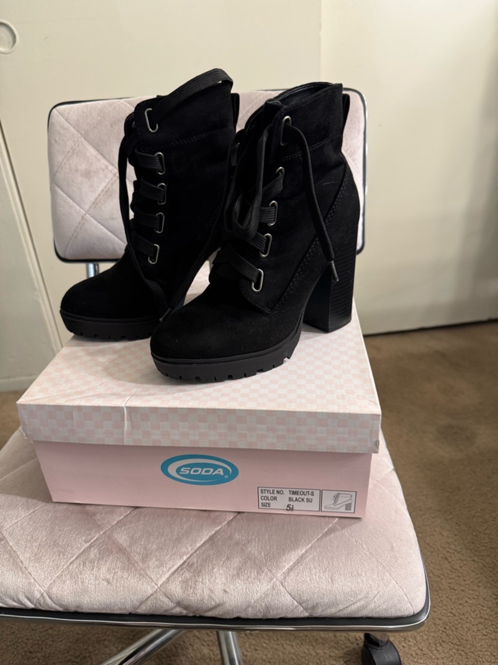 Soda Black Lace-Up Chunky Heel Ankle Boots